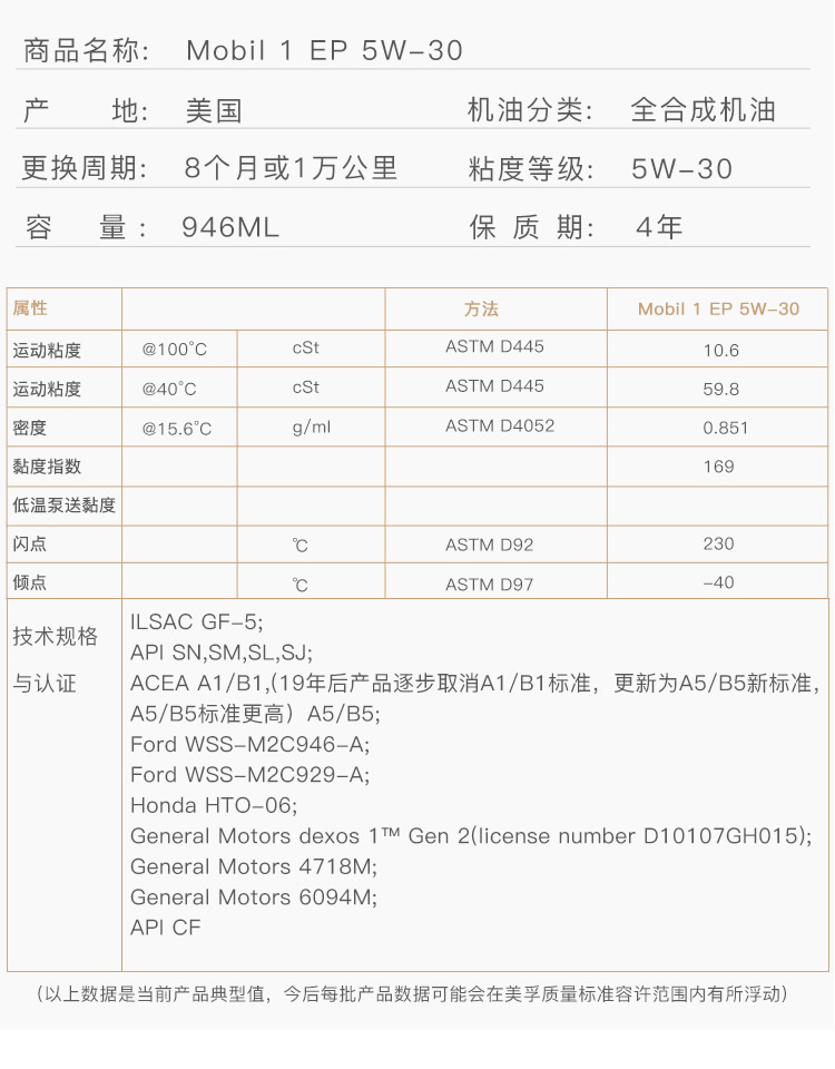 美孚1號(hào)全合成機(jī)油 長(zhǎng)效型 EP5W-30 A1/B1 SN 1Qt裝-第4張圖片-鄭州市冠恒貿(mào)易有限公司【官方網(wǎng)站】-車(chē)用潤(rùn)滑油服務(wù)專家